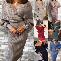 Sexy V-neck Lantern Sleeve Knit Top + High Waist Skirt Two-piece Set 