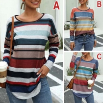 Fashion Long Sleeve Round Neck Colorful Striped T-shirt 