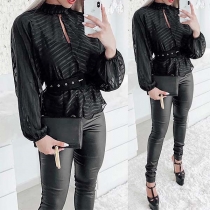 Sexy Long Sleeve Stand Collar See-through Striped Top 