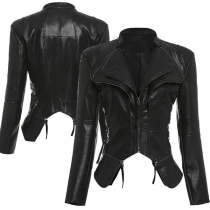 Punk Style Long Sleeve Irregular Hem Slim Fit PU Leather Jacket