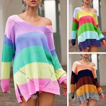 Fashion Long Sleeve V-neck Slit Hem Rainbow Knit Top 