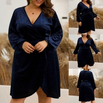 Sexy Crossover V-neck Lantern Sleeve Solid Color Plus-size Dress