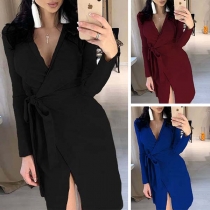 Sexy Deep V-neck Slit Hem Long Sleeve Solid Color Cardigan Dress