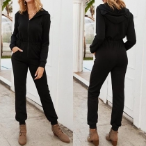 Fashion Solid Color Long Sleeve Hooded High Waist Jumpsuit