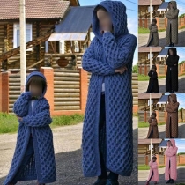 Fashion Solid Color Long Sleeve Hooded Parent-child Knit Cardigan