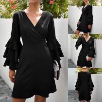 Sexy V-neck Lotus Sleeve Solid Color Dress