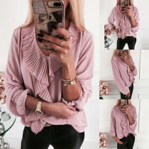 Sweet Style Long Sleeve V-neck Solid Color Ruffle Blouse