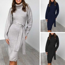 Fashion Solid Color Long Sleeve Turtleneck Dress with Waist Strap