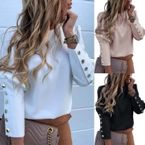 Fashion Solid Color Long Sleeve Round Neck Metal Button Top