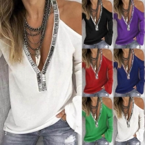 Sexy Off-shoulder Long Sleeve V-neck Sequin Spliced T-shirt
