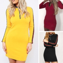 Fashion Striped Spliced Long Sleeve Round Neck Slim Fit Dress