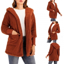 Fashion Solid Color Long Sleeve Hooded Plush Cardigan