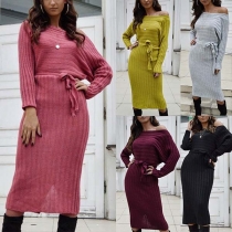 Sexy Off-shoulder Boat Neck Long Sleeve Solid Color Knit Dress
