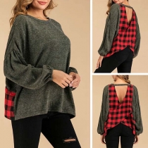 Sexy Backless Plaid Spliced Long Sleeve Loose Knit Top