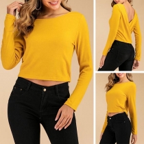 Sexy Backless Long Sleeve Solid Color Short-style Knit Top
