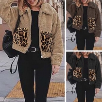 Fashion Leopard Spliced Long Sleeve POLO Collar Plush Coat