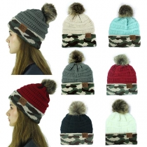 Fashion Camouflage Printed Hairball Spliced Knit Beanies