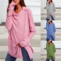 Fashion Solid Color Long Sleeve Slit Hem Loose T-shirt
