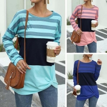 Fashion Striped Spliced Long Sleeve Round Neck Twisted Hem T-shirt