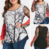 Sexy Lace Spliced Long Sleeve Round Neck Plus-size Printed T-shirt