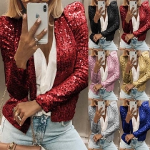Fashion Long Sleeve Stand Collar Sequin Coat