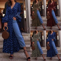 Sexy V-neck Slit Ruffle Hem Trumpet Sleeve Leopard Printed Dress