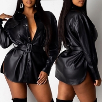 Punk Style Long Sleeve Notched Lapel PU Leather Jacket