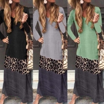 Fashion Contrast Color Leopard Spliced V-neck Maxi Dress