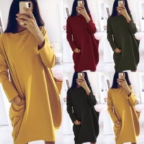 Fashion Solid Color Long Sleeve Round Neck Front-pocket Loose Dress