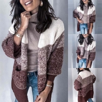 Fashion Contrast Color Long Sleeve Loose Knit Cardigan