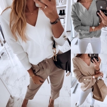 Fashion Solid Color Long Sleeve V-neck Button Top