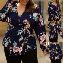 Sexy V-neck Long Sleeve Printed Plus Size Top with Waist Strap