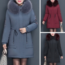 Fashion Faux Fur Spliced Hooded Drawstring Waist Embroidered Padded Coat