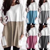 Fashion Contrast Color Long Sleeve Front-pocket Loose Top
