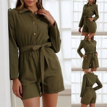 Fashion Solid Color Long Sleeve POLO Collar High Waist Romper