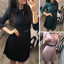 Sweet Style Bow-knot Collar 3/4 Sleeve Solid Color Dress