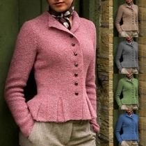 Fashion Solid Color Long Sleeve Ruffle Hem Front-button Knit Coat