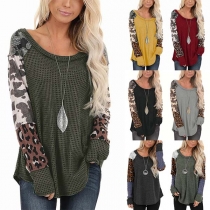 Fashion Leopard Spliced Long Sleeve Round Neck Loose T-shirt
