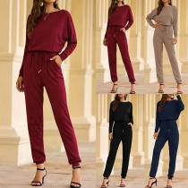 Fashion Solid Color Long Sleeve Round Neck High Waist Jumpsuit