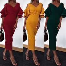 Sexy Off-shoulder V-neck Lotus Sleeve Slim Fit Party Dress