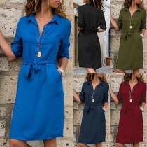 Fashion Solid Color 3/4 Sleeve POLO Collar Shirt Dress