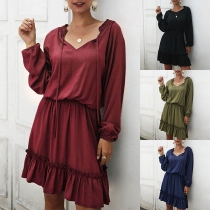 Fashion Solid Color Long Sleeve V-neck Ruffle Hem Dress