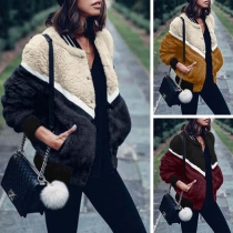 Fashion Contrast Color Long Sleeve Stand Collar Plush Coat