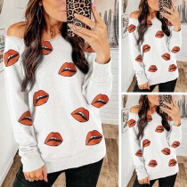 Sexy Oblique Shoulder Red-lips Printed Long Sleeve Shirt