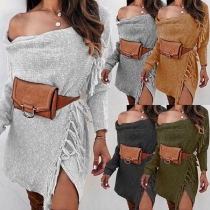 Sexy Oblique Shoulder Long Sleeve Solid Color Tassel Cardigan