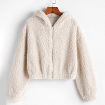 Fashion Solid Color Long Sleeve Hooded Plush Coat