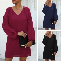 Fashion Solid Color Puff Sleeve V-neck Loose Dress