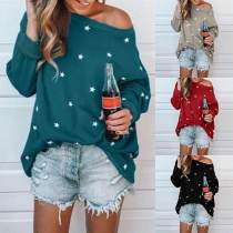 Sexy Oblique Shoulder Long Sleeve Star Printed T-shirt