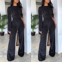 Sexy Long Sleeve Round Neck High Waist See-through Jumpsuit