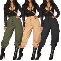 Fashion Solid Color High Waist Side-pocket Casual Pants